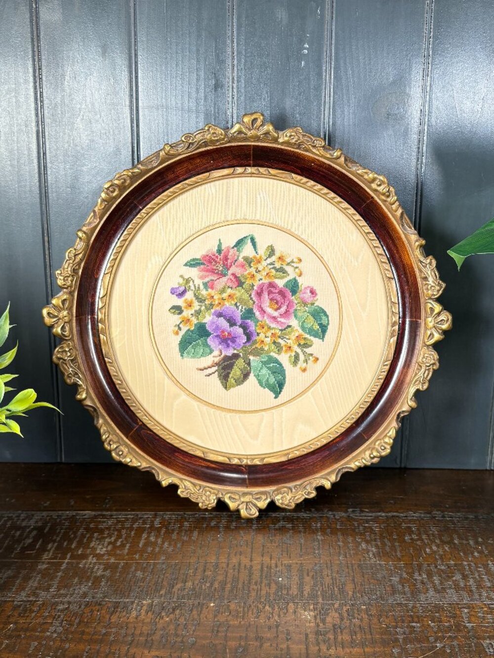 Vintage Floral Needlepoint in Gold Wood Round Frame, Victorian Style Embroidery